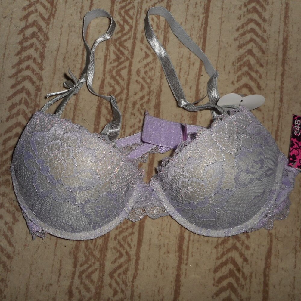 BOGO FREE NWT Lilac lace silver metallic bra, size 34B